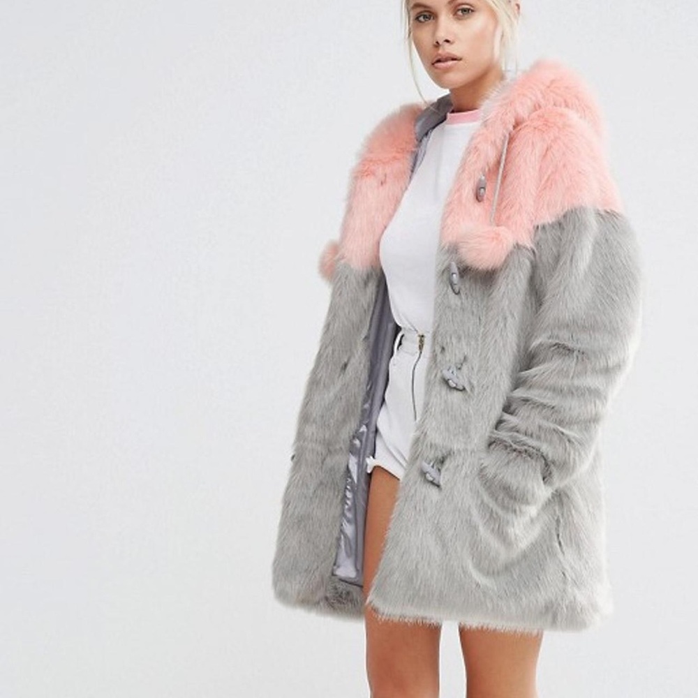 Lazy Oaf Pink and Gray Faux Fur Jacket